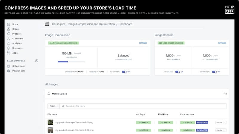 Manage compression and renaming settings, check your usage statistics, and use the powerful Manual Upload feature — all from within the familiar Shopify admin.