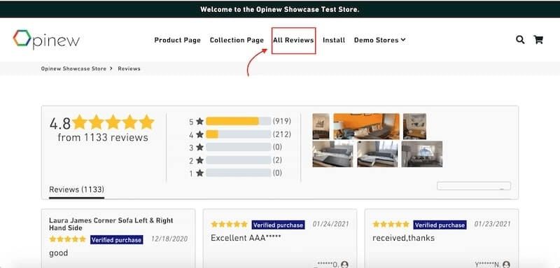 Opinew - All Reviews Page on Shopify demo store