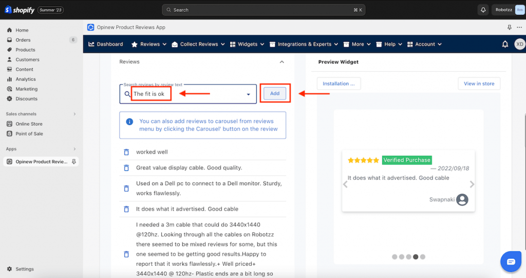 Add new reviews to your carousel widget