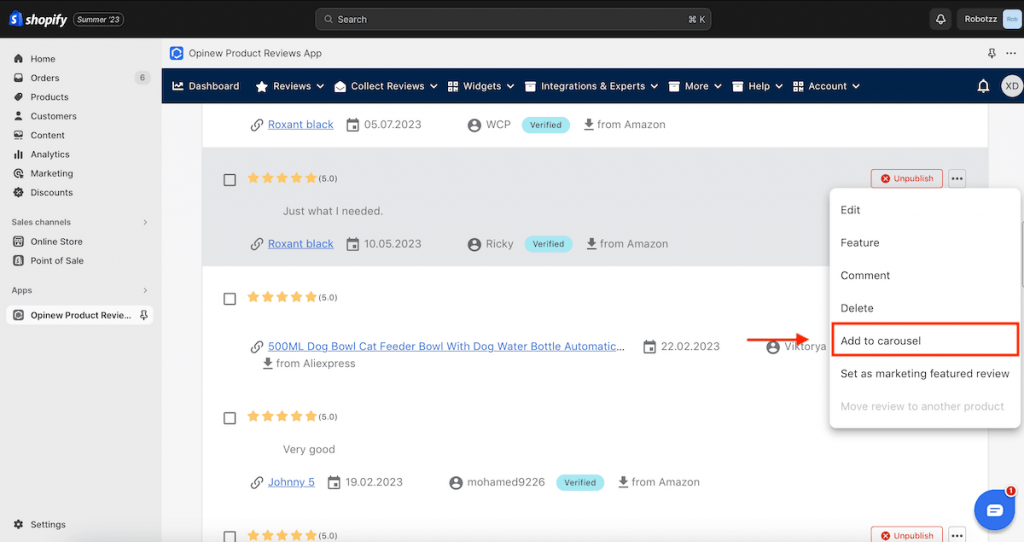 Add to carousel from manage reviews page