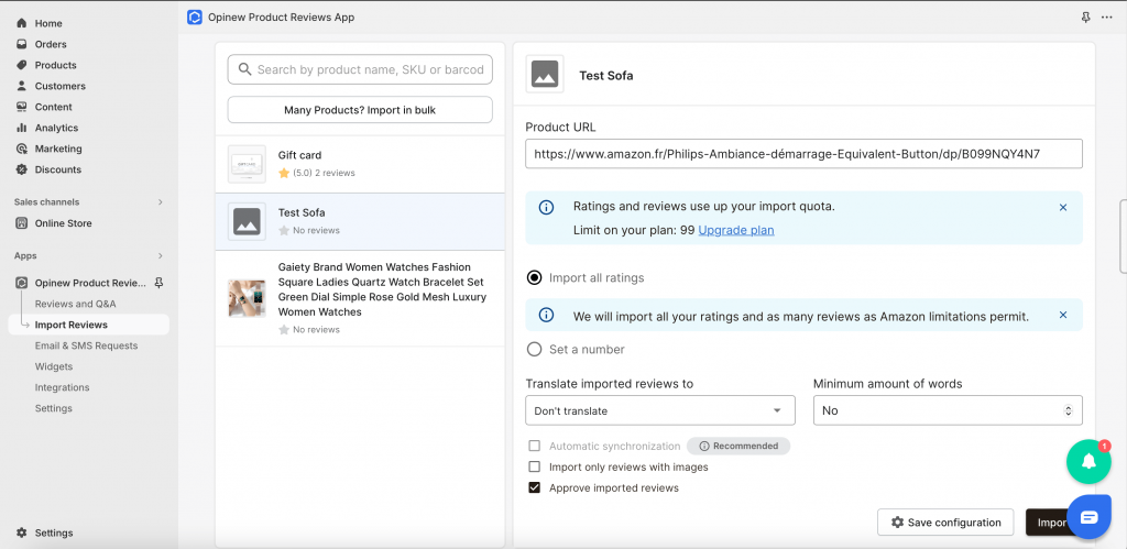 Import amazon reviews to shopify - importer settings