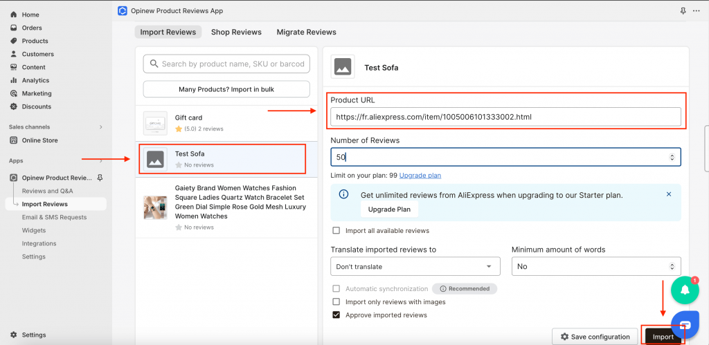 Import AliExpress reviews to Shopify via in-app form