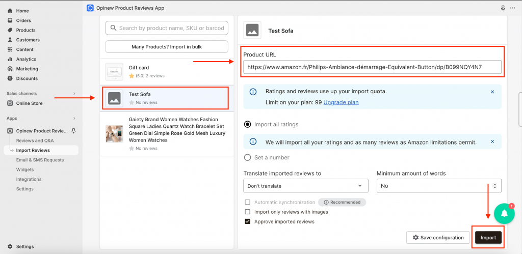 import amazon reviews to shopify using in app form