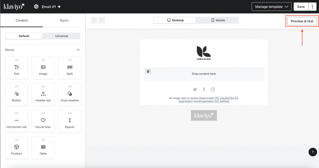 Click preview and test on Klaviyo