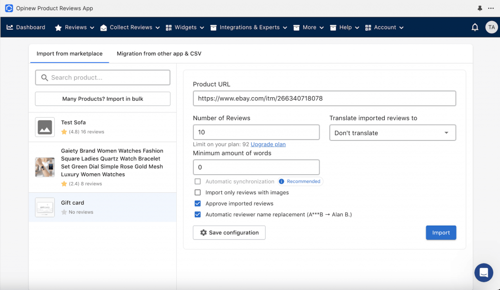 import product reviews settings