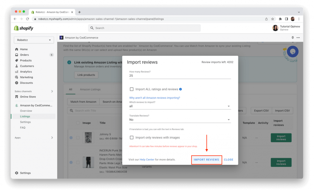 CedCommerce and Opinew Step 3 - Set settings and import