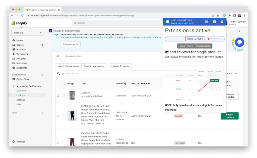 CedCommerce and Opinew Step 6 - Bulk import reviews click