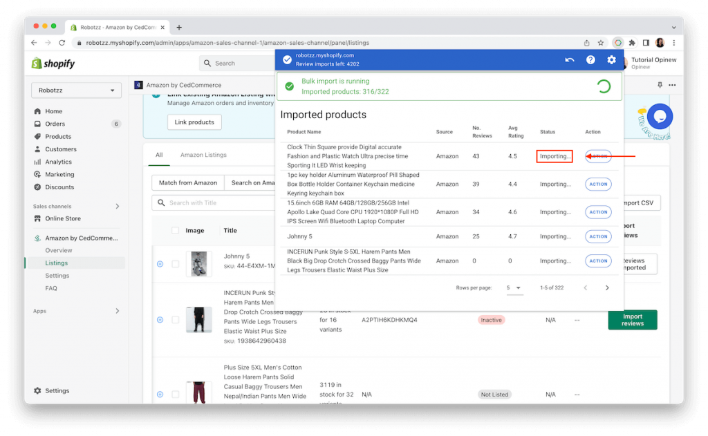 CedCommerce and Opinew Step 8 - check if importing