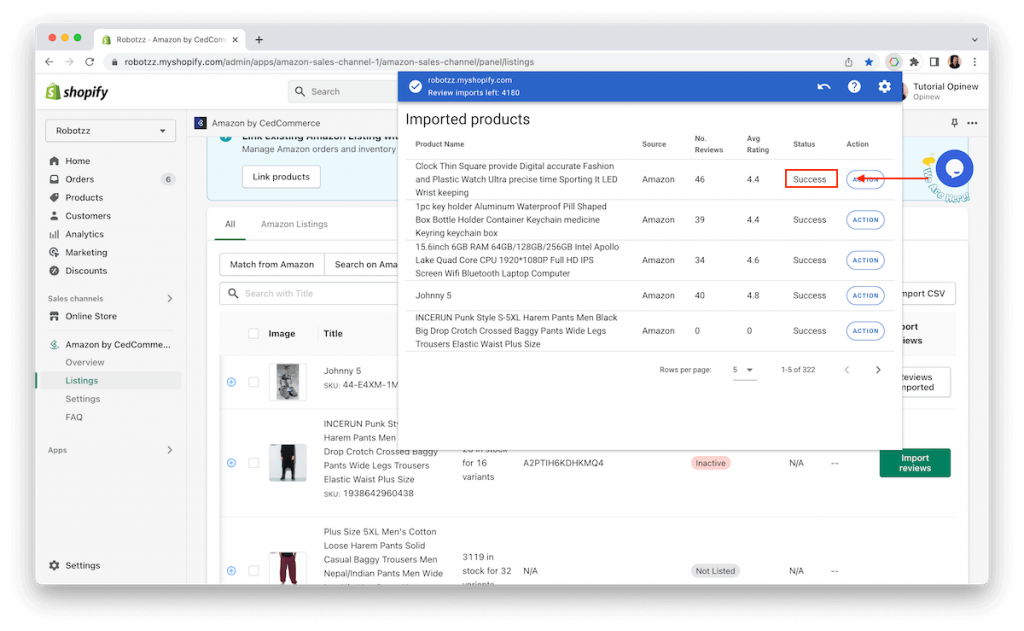 CedCommerce and Opinew Step 9 - check if correctly imported